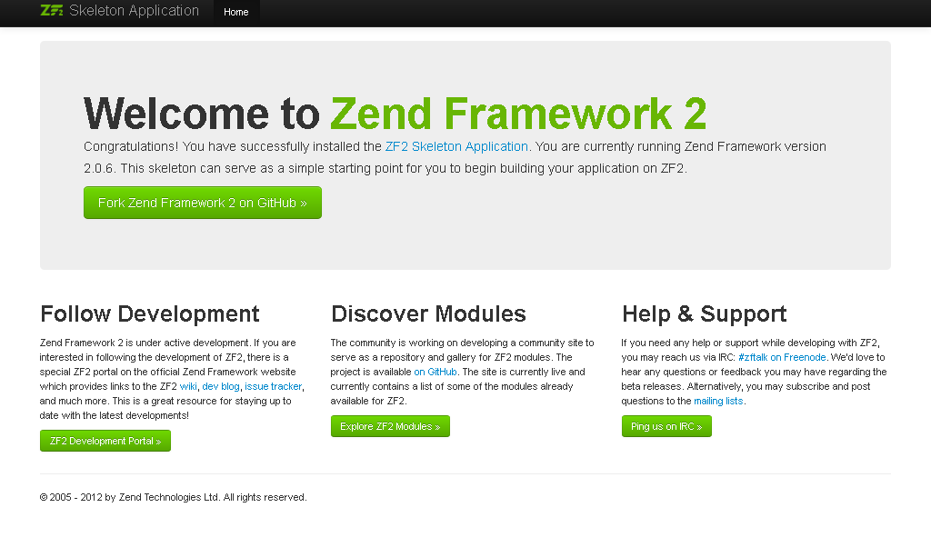 Screenshot of First Page after installation of Zend Framework 2(ZF2)
